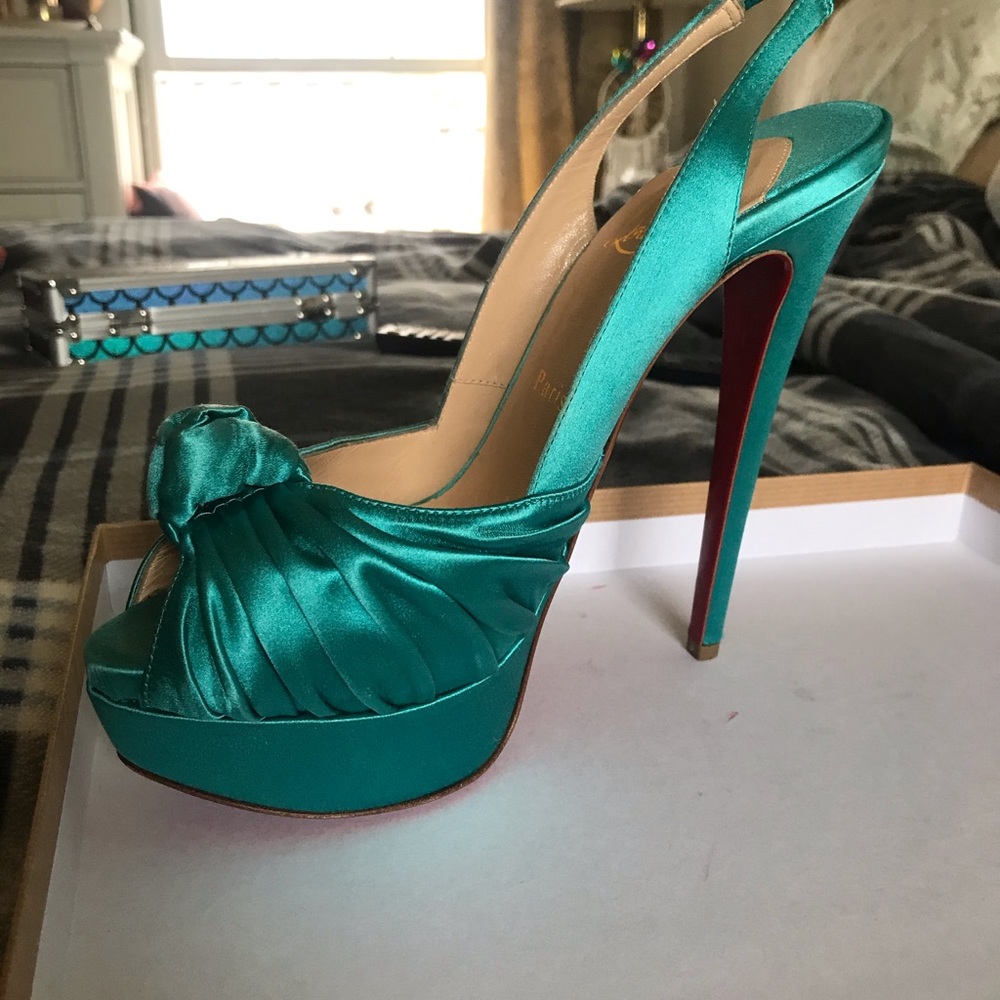 Christian Louboutin Teal Satin Platform Heels